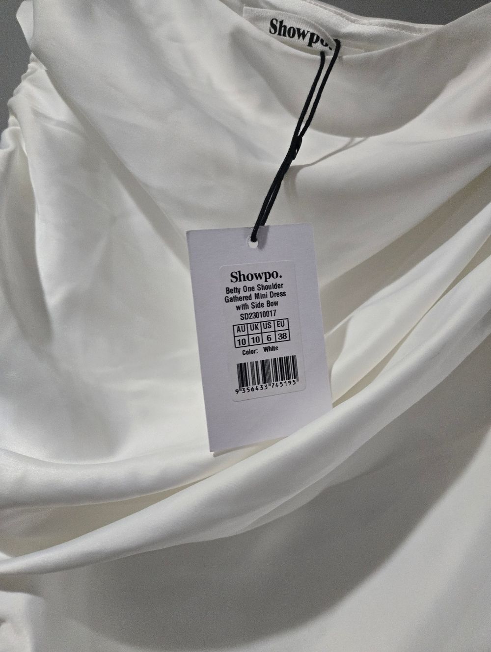 Showpo Betty One Shoulder Mini Dress White Side Bow Ruched NWT Size 6 Bridal - Picture 7 of 11